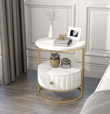 圓形床頭櫃輕奢風免安裝現代白色大理石床邊櫃臥室小型收納小櫃子