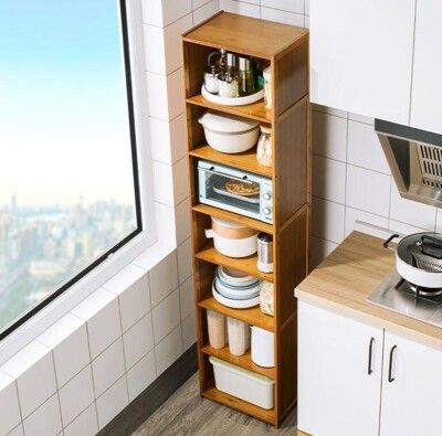 廚房置物架 楠竹夾縫碗碟調料收納架 落地多層帶門窄縫隙儲物櫥櫃