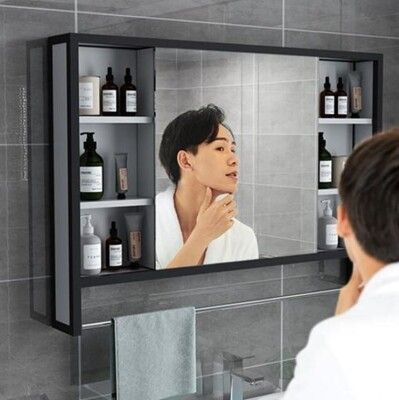 浴室鏡 北歐鋁合金 黑色浴室鏡櫃 家用衛生間鏡箱 廁所挂牆式鏡子 帶置物架