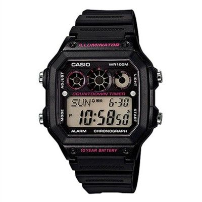 【CASIO】十年之旅方款膠帶電子錶-黑X粉 (AE-1300WH-1A2)