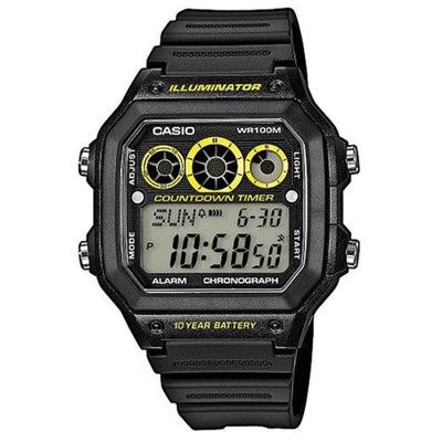 【CASIO】十年之旅方款膠帶電子錶-黑X黃 (AE-1300WH-1A)