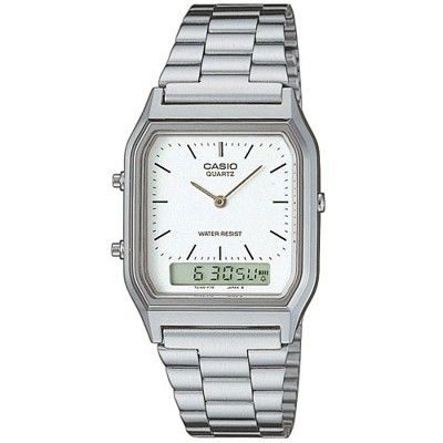 【CASIO】復古可調節式錶扣商務雙顯錶-羅馬白面 (AQ-230A-7)