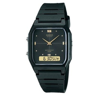 【CASIO】經典方形防水50 米膠帶雙顯錶-黑面 (AW-48HE-1A)