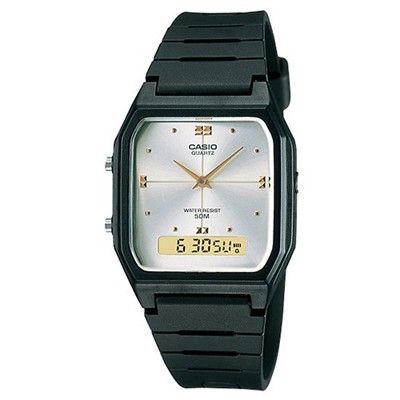 【CASIO】經典方形防水50 米膠帶雙顯錶-珍珠白面 (AW-48HE-7A)