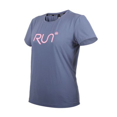 FIRESTAR 女彈性印花短袖T恤-慢跑 路跑 涼感 運動 上衣 反光 靛灰粉