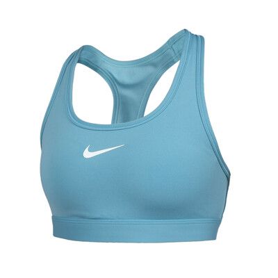 NIKE 女中度支撐運動內衣-DRI FIT 韻律 瑜珈 運動背心 BRA 湖水藍白