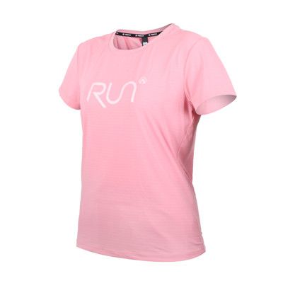 FIRESTAR 女彈性印花短袖T恤-慢跑 路跑 涼感 運動 上衣 反光 珊瑚粉