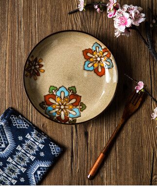 日式和風 春蘭8英寸圓盤 中式餐具 陶瓷 創意 牛排盤 西餐盤 個性家用 防疫 發燒 防護