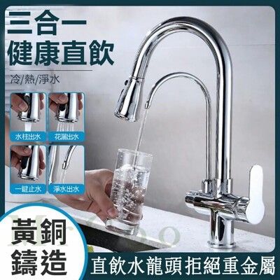 全銅廚房抽拉式濾水器冷熱水龍頭 家用三合一OR純淨水直飲雙把水龍頭 無鉛拉絲 洗菜盆水槽三用不鏽鋼