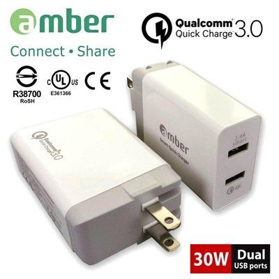 amber 智慧極速USB充電器/雙口輸出/30W足瓦高通Qualcomm Quick Charge