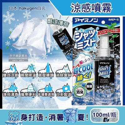 日本hakugen白元-夏日降溫衣物除臭涼感噴霧-酷涼薄荷100ml/黑瓶(露營,運動,爬山,外送)