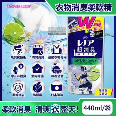 日本P&G Lenor蘭諾-SPORTS衣物1Week超消臭香氛柔軟精補充包檸檬香440ml/深藍袋