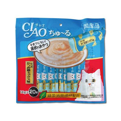 日本CIAO-啾嚕貓咪營養肉泥幫助消化寵物補水流質點心20入/藍袋