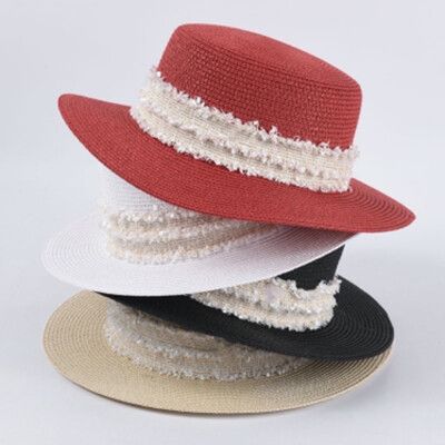 時髦紅平頂草帽復古遮陽渡假出遊帽子逛街必備平檐帽防曬帽