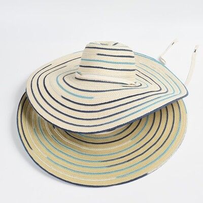 海邊渡假必備超大檐條紋遮陽防曬帽可收納大草帽沙灘帽