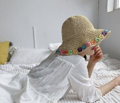 糖果彩色小花朵草帽大帽檐防曬遮陽帽子可折疊渡假沙灘帽