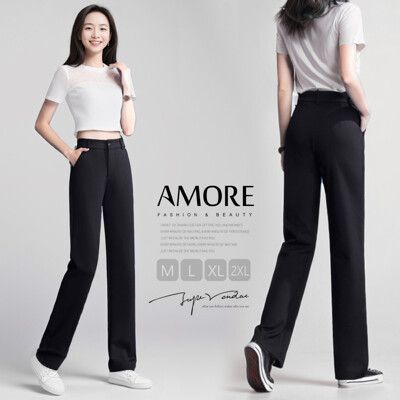 【Amore日韓女裝】韓版高腰彈力顯瘦西裝直筒褲