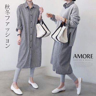 【Amore日韓女裝】韓系經典直格紋棉長袖長版襯衫
