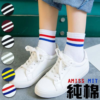 Amiss【純棉新主義】韓系潮流 雙槓條紋造型1/2棉襪、膝下襪(多色任選)-男女適穿
