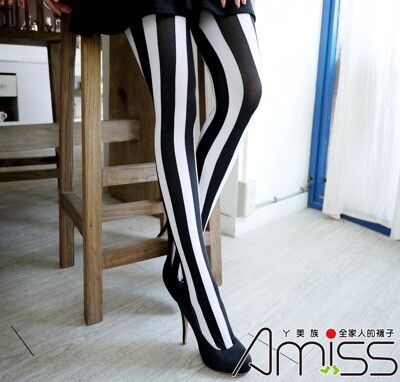AMISS 歐美時尚精緻造型褲襪-黑白直條