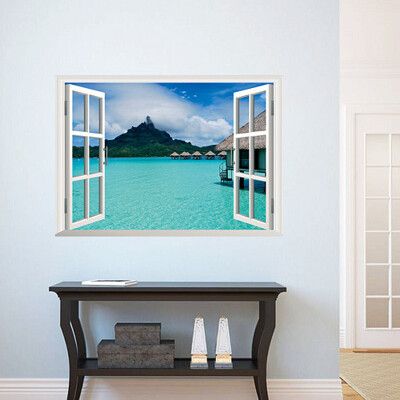 海洋小屋壁貼 3D立體壁貼 渡假風 貼紙 辦公室 客廳 臥室貼 假窗戶風景 沂軒精品 E0049