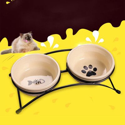 卡通寵物陶瓷碗 雙碗貓狗碗兩用碗 碗架 餐桌 狗碗 貓碗 貓咪碗架 狗碗架 寵物碗 增高碗