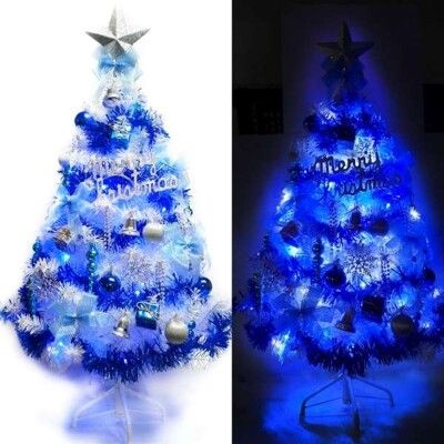 摩達客 台製4尺120cm豪華版夢幻白色聖誕樹-銀藍系配件+ LED100燈藍白光1串-附IC控制器