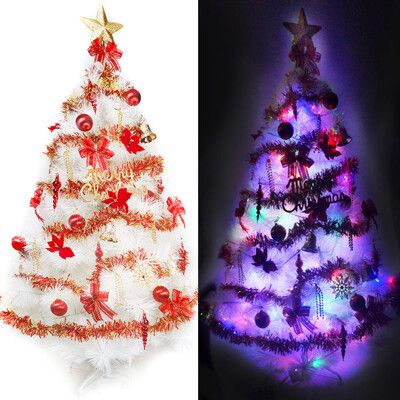 摩達客耶誕-台灣製6尺(180cm)特級白色松針葉聖誕樹 (紅金色系)+100燈LED燈彩光2串