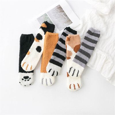 貓爪珊瑚絨襪 貓咪中筒襪 加厚保暖毛襪子 絨毛襪