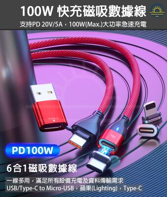 【1米】六合一 磁吸數據線 PD QC 快充 20V 5A 100W 充電線 磁吸線  快充電線