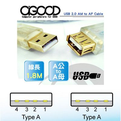 【A-GOOD】USB2.0 A公轉A母 1.8米轉接線