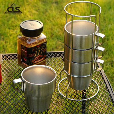 【CLS】304 不鏽鋼 雙層咖啡杯 4入組 含杯架+收納袋 不鏽鋼杯 保溫杯 酒杯 露營 野炊