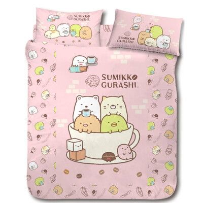 【HUGS】角落生物 咖啡杯-粉 雙人床包枕套三件組 不含被套 正版授權 台灣製造