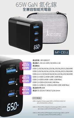 MYCELL 65W氮化鎵GDK55T 黑色+AWEi編織線TCtoTC i16/i15蘋果手機-黑