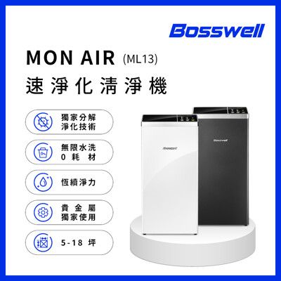 【Bosswell 博士韋爾】MonAir零耗材空氣清淨機5-18坪(ML13/滅菌抗敏/一級能效)