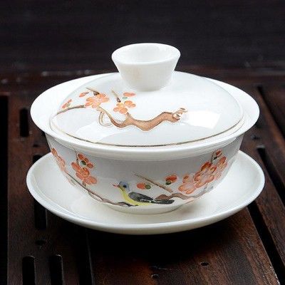 陶瓷功夫茶具手繪浮雕大號蓋碗三才碗配件玉瓷敬茶杯