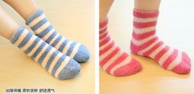 男女條紋保暖中筒毛絨睡眠毛巾襪地板襪