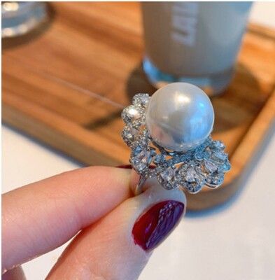 高級感南洋金珠戒指強光開口食指誇張歐美微鑲彩寶珍珠戒子