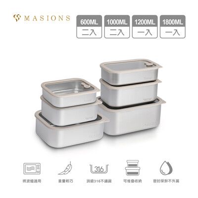 【MASIONS 美心】PREMIUM 可微波 皇家316不鏽鋼矽膠玻璃蓋抗菌保鮮盒(大容量豪華6件