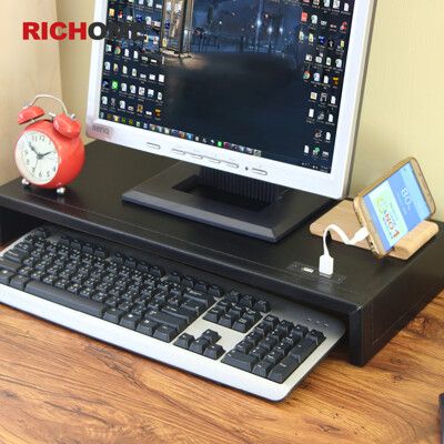 【RICHOME】皮面桌上架/螢幕架_附USB插座(表面防潑水處理)