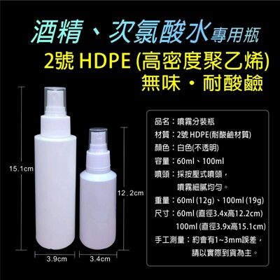 HDPE 2號防疫噴瓶含噴頭酒精噴霧瓶消毒隨身瓶100ml 60ml  台灣賣家  台灣出貨