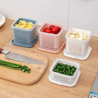 廚房萬用蔥蒜密封保鮮盒 蔬菜水果置物盒 密封罐 (大+小)瀝水 收納 冰箱保鮮
